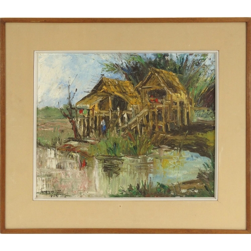 66 - Eastern oil onto canvas of wooded huts, signed Tong?, contemporary framed, 53cm x 43cm
