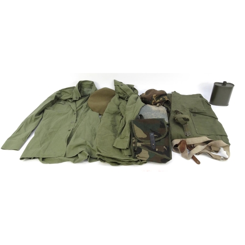 763 - Collection of military interest clothing and other items including Yugoslavian camouflage suite, Bel... 