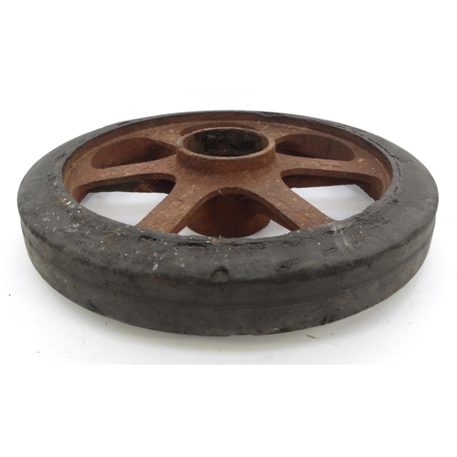 758 - Military interest 1940s Bren gun carrier wheel with noted provenance 'Found in the Grounds of Possin... 