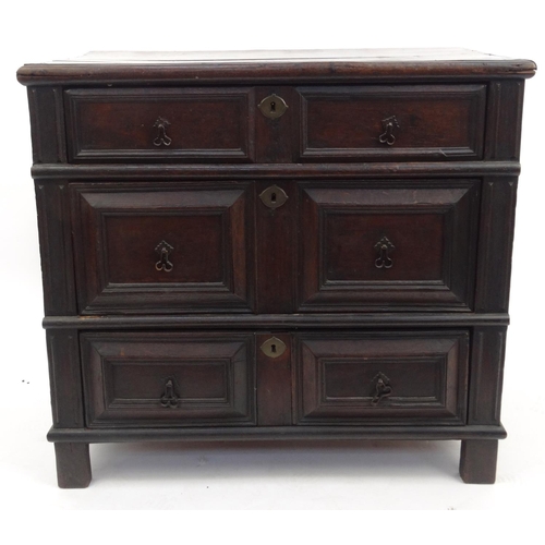 91 - Antique oak three drawer chest, 88cm high x 95cm wide x 54cm deep