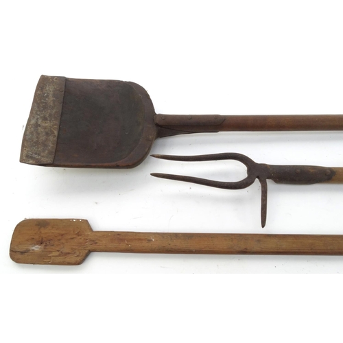 295 - Vintage farm shovel, hay fork and a bread paddle