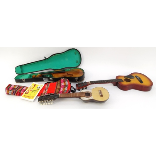 162 - Cased wooden violin, First Act child's guitar and a Charango