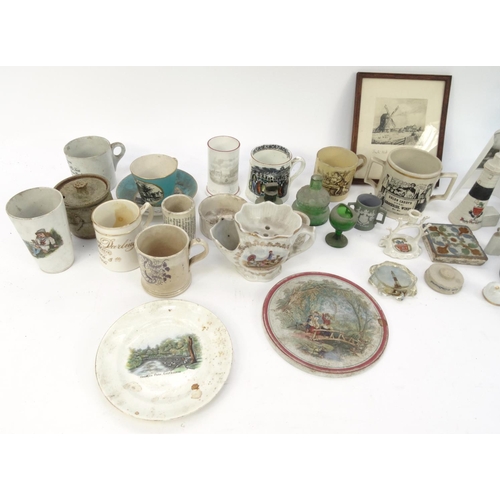 236 - Box of assorted china including Eastbourne souvenir chamberstick and paperweights, vintage French mu... 