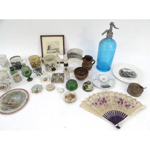 236 - Box of assorted china including Eastbourne souvenir chamberstick and paperweights, vintage French mu... 