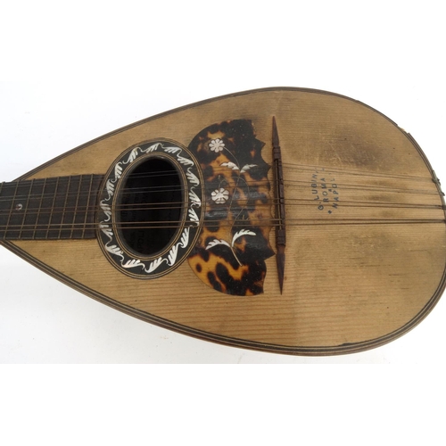 161 - Old wooden mandolin with Gartini Lugini label, inlaid with tortoiseshell mother of pearl
