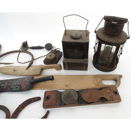 293 - Collection of antique tools and two vintage lanterns