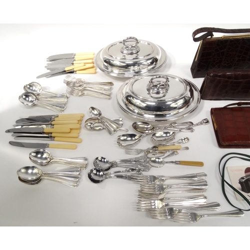 216 - Large selection of silver plated cutlery, silver plated entrée dishes, crocodileskin handbags, binoc... 