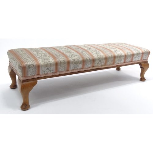 35 - Long oak footstool with striped upholstery, 25cm high x 93cm long x 33cm deep