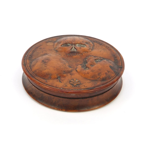 35 - 19th Century French fruitwood snuff box with tortoiseshell lined interior, the lid decorated in with... 