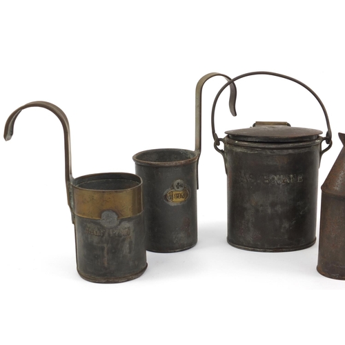 174 - Edwardian tin milk churn, Belgravia Dairy with Eastbourne crest, pint mugs, ceramic lidded pot, etc,... 