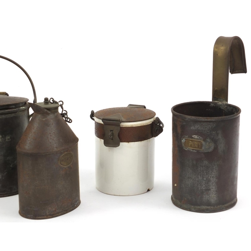 174 - Edwardian tin milk churn, Belgravia Dairy with Eastbourne crest, pint mugs, ceramic lidded pot, etc,... 