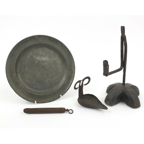 188 - Blacksmiths wrought iron candle holder on a wooden stand, together with a blacksmiths wrought iron s... 