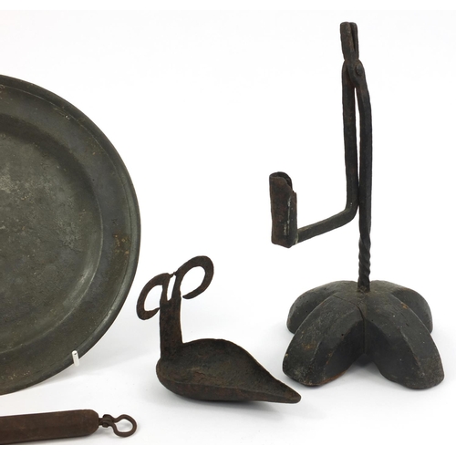 188 - Blacksmiths wrought iron candle holder on a wooden stand, together with a blacksmiths wrought iron s... 