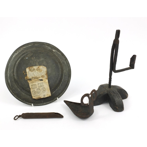 188 - Blacksmiths wrought iron candle holder on a wooden stand, together with a blacksmiths wrought iron s... 