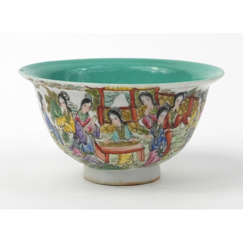 570 - Oriental Chinese porcelain famille rose bowl decorated with scholars and script, character mark to t... 