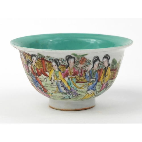 570 - Oriental Chinese porcelain famille rose bowl decorated with scholars and script, character mark to t... 