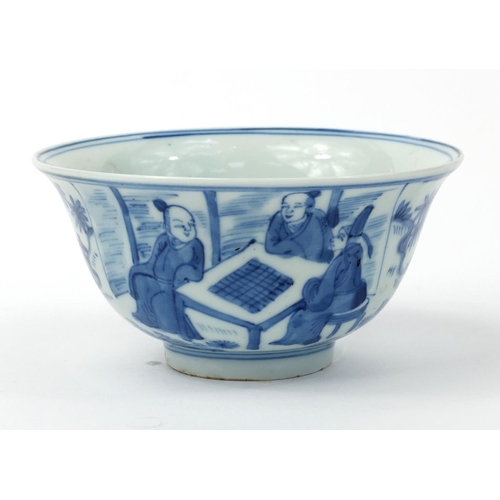 544 - Oriental Chinese blue and white porcelain bowl hand painted with seated figures, character mark to t... 