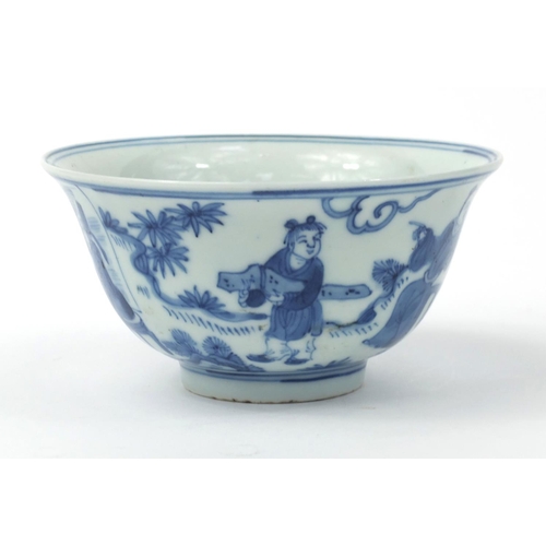 544 - Oriental Chinese blue and white porcelain bowl hand painted with seated figures, character mark to t... 