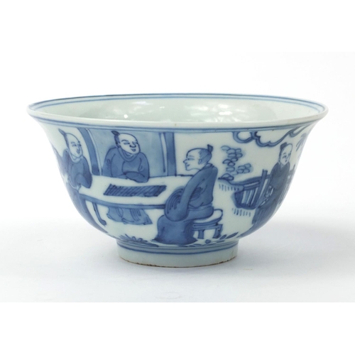 544 - Oriental Chinese blue and white porcelain bowl hand painted with seated figures, character mark to t... 