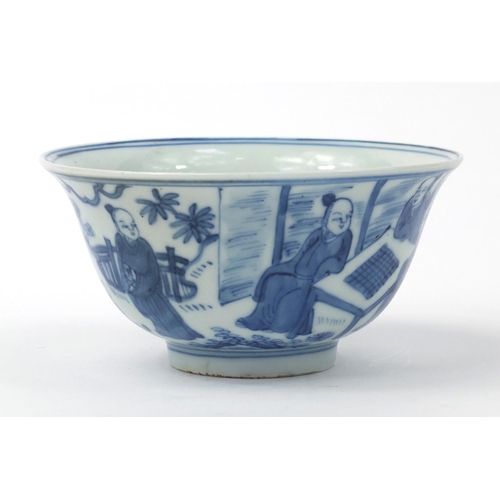 544 - Oriental Chinese blue and white porcelain bowl hand painted with seated figures, character mark to t... 