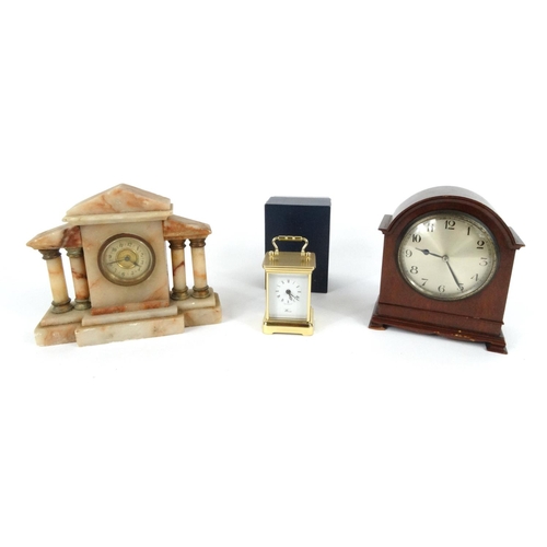 272 - Mahogany mantel clock, marble mantel clock and a miniature brass carriage clock