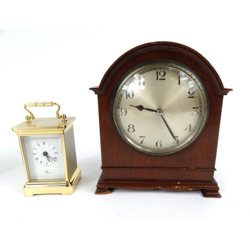 272 - Mahogany mantel clock, marble mantel clock and a miniature brass carriage clock