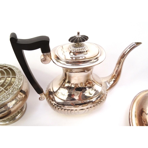 188 - Box of silver plated items including teapots, entrée dish, cutlery, etc