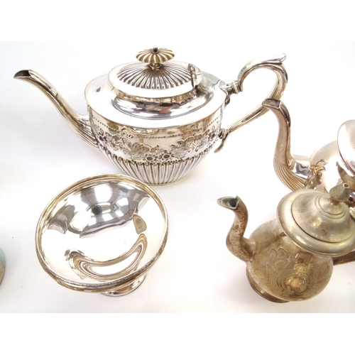 188 - Box of silver plated items including teapots, entrée dish, cutlery, etc