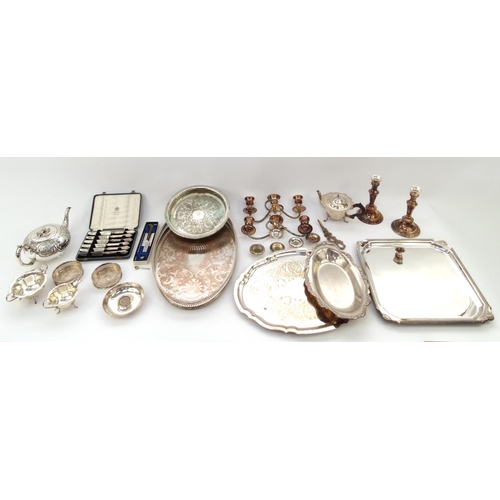 176 - Box of silver plated items including set of six silver handled butter knives, teapots, large oval tr... 