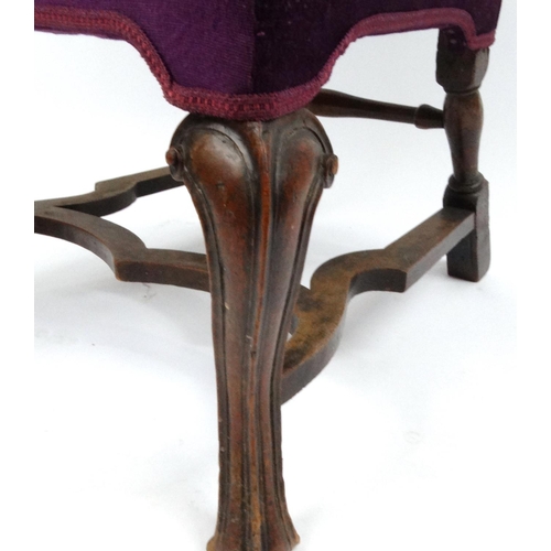 5 - Carved oak hall chair with purple upholstery, 110cm high