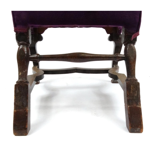 5 - Carved oak hall chair with purple upholstery, 110cm high