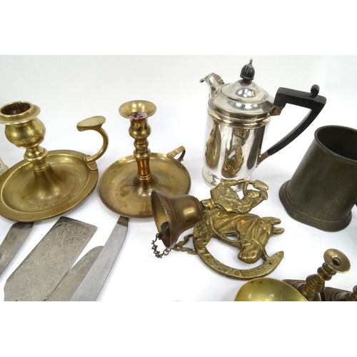 234 - Box of assorted metal wares including brass candlesticks, bedwarming pan, decorative Samurai sword, ... 