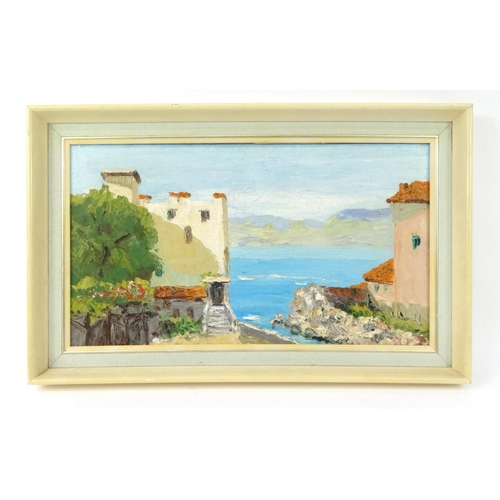 143 - D'Oyly John style oil onto board view of Continental buildings before the sea, contemporary framed, ... 