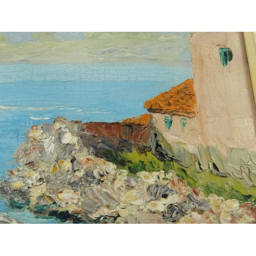 143 - D'Oyly John style oil onto board view of Continental buildings before the sea, contemporary framed, ... 