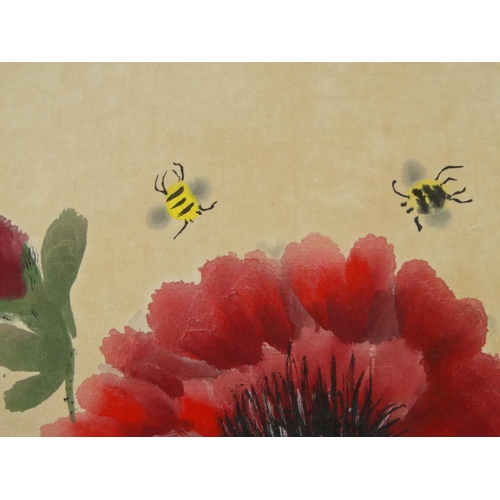 165 - Oriental watercolour onto paper of poppies and bees, mounted and framed, 38cm x 28cm