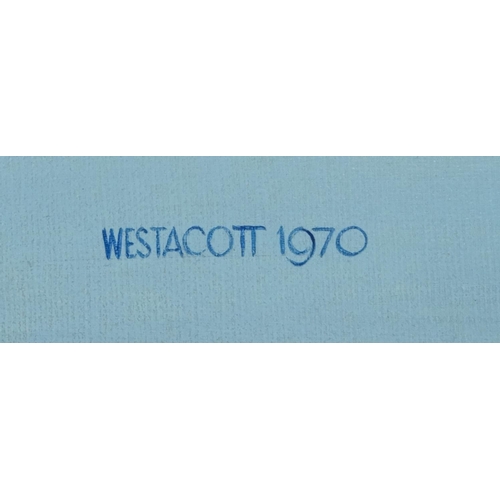 768 - Westacott 1970 oil on board of a military plane, contemporary framed, 60cm x 50cm excluding the fram... 