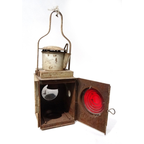 263 - Vintage metal ship's lantern with red glass, 50cm high