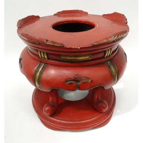 64 - Oriental red lacquered wood jardinière stand, 32cm high x 33cm diameter