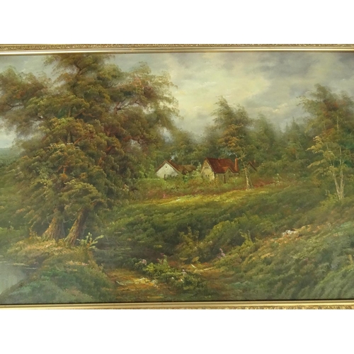 144 - Large signed gilt framed oil onto canvas view of a lake before a cottage and woodland, 120cm x 60cm ... 