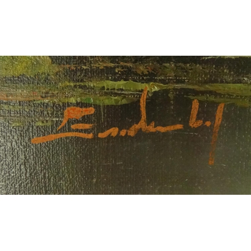 144 - Large signed gilt framed oil onto canvas view of a lake before a cottage and woodland, 120cm x 60cm ... 