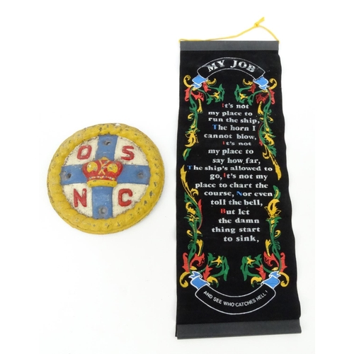 739 - Painted metal naval plaque, 12cm diameter, and a shipping poem