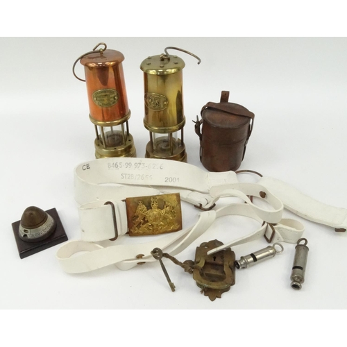 756 - Box of items including two copper and brass miner's lamps, military belt, leather case, etc