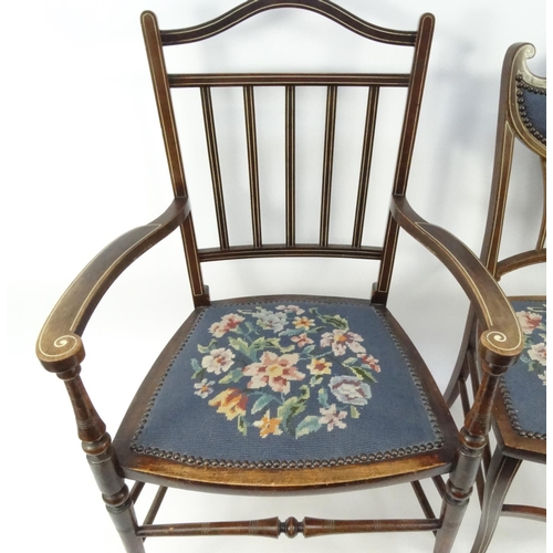 107 - Two Edwardian inlaid mahogany chairs with needlepoint seats