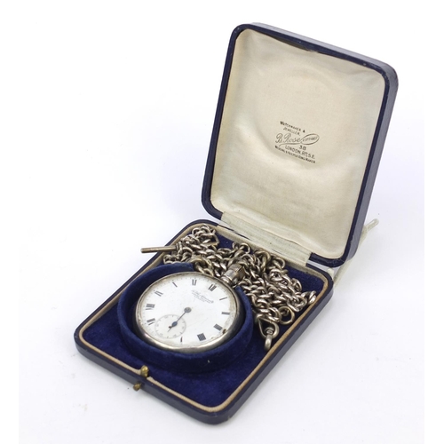 517 - James Walker silver gentleman's open faced pocket watch and two silver graduated watch chains, the c... 