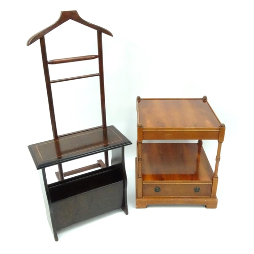 95 - Square yew wood occasional table, line inlaid mahogany magazine rack and a clothes stand