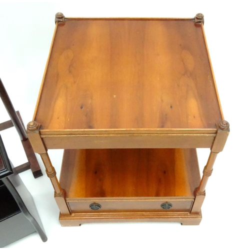 95 - Square yew wood occasional table, line inlaid mahogany magazine rack and a clothes stand