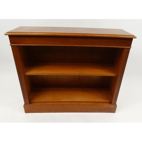 72 - Inlaid yew wood dwarf bookcase fitted with two adjustable shelves, 77cm high x 90cm wide x 27cm deep