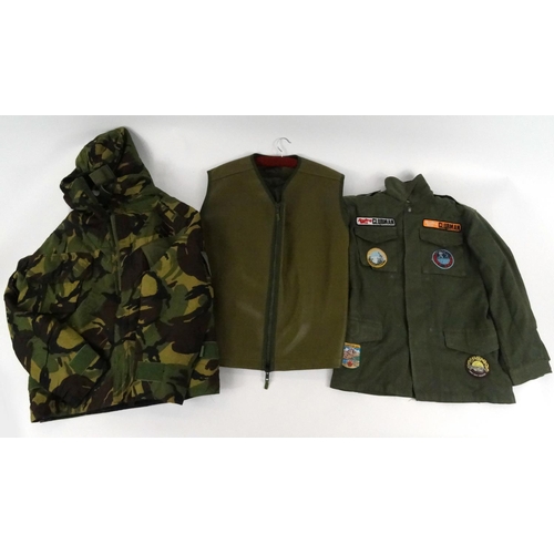 766 - Camouflage coat and trousers, waterproof vest and army style shirt