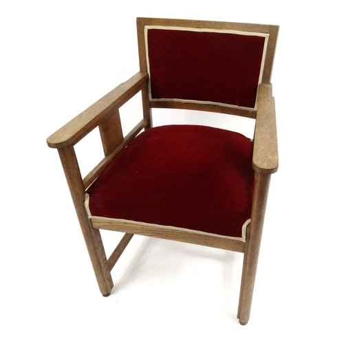 99 - Oak framed armchair with red upholstery