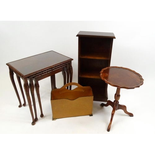 85 - Occasional furniture comprising mahogany open bookcase, tripod wine table, magazine rack and nest of... 
